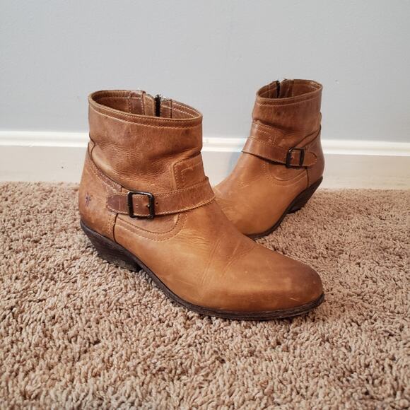 Frye heeled ankle bootie leather brown buckle side zip 8 - Picture 1 of 9